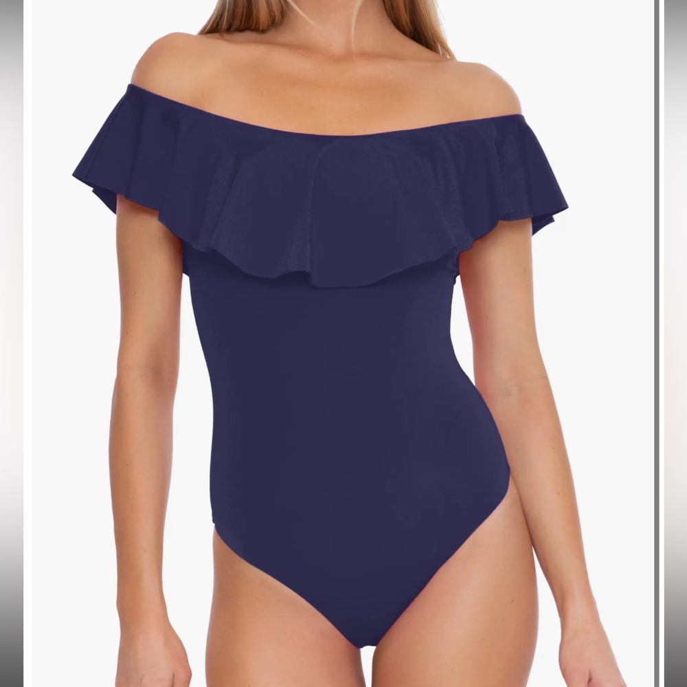 Trina Turk Monaco off the shoulder one piece ruffle swimsuit